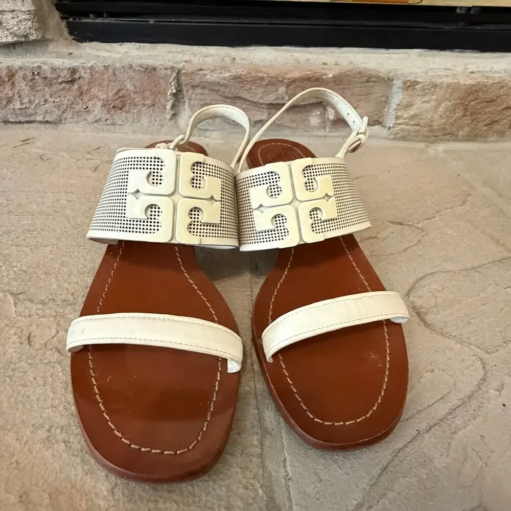 Tory Burch Lowell 2 White Leather Block Heel Sandals Size 9M Old Money Euro Chic